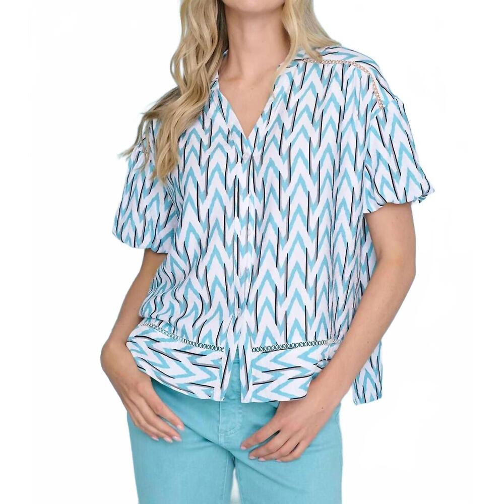NEW PICADILLY button front puff sleeve top in lagoon